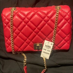 INC International Concepts Red Quilted Shoulder Bag with Gold Chain